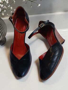 Vintage 90s Black Leather Sculptural Heel Peep Toe Ankle Strap Heels 8B